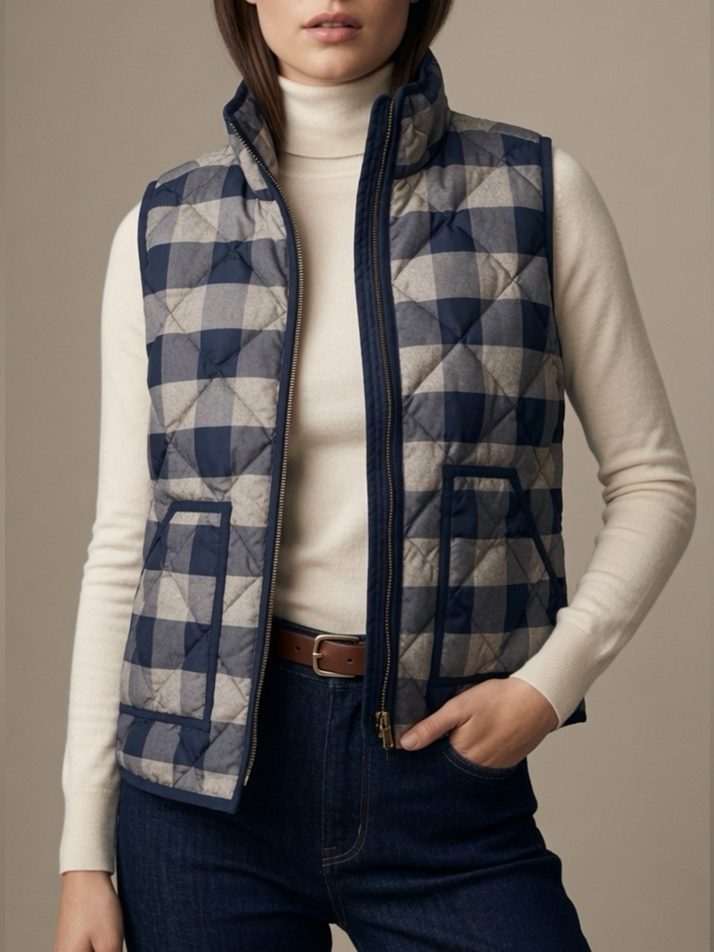 JCREW SMALL Quilted Plaid Puffer Vest in Navy and Beige